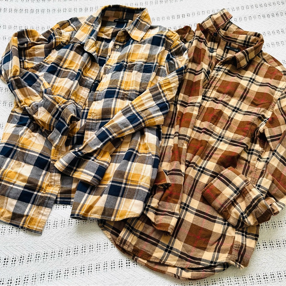Plaid couple’s matching flannel button down Shirts - brown and yellow